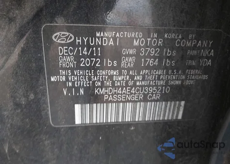 2012 Hyundai Elantra Gls (Ulsan Plant) z USA, uszkodzony, nr VIN KMHDH4AE4CU395210